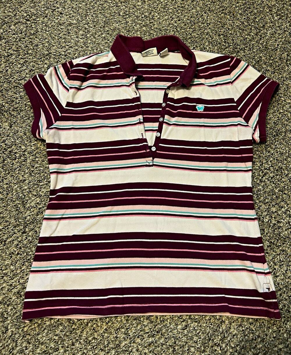 Vintage Aéropostale Women’s Slim Fit Striped Burgundy Short Sleeve Shirt XL